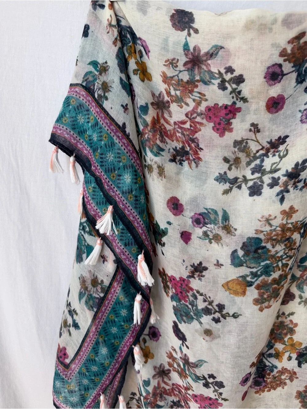 Floral Jewel Toned Folk Tassel Scarf Wrap